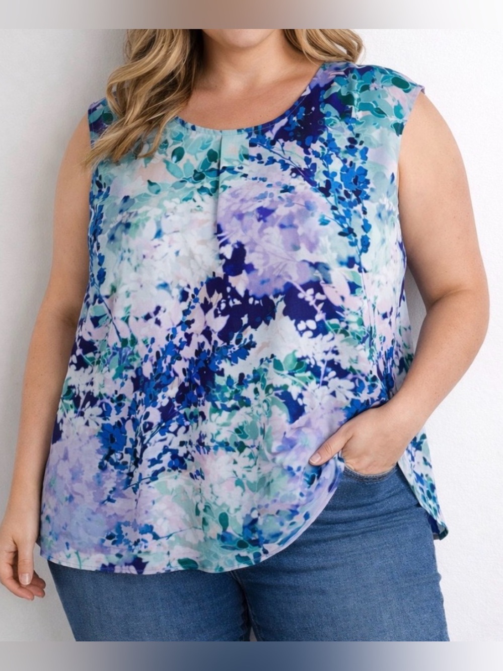 Talbots NWT 22WP Floral Sleeveless Button Back Blouse - Blue, Aqua & Lavender